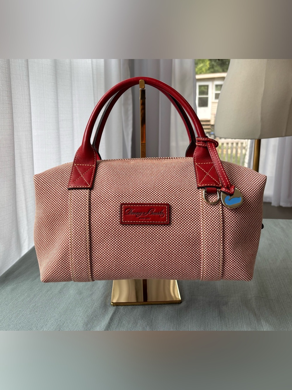 Dooney & Bourke Red Leather and Canvas Satchel Duffel Overnight Bag Purse